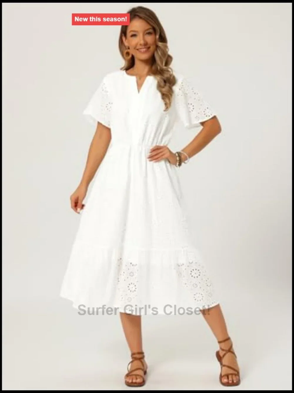 Women's Eyelet Lace Midi Sundress Short Sleeve A-Line Flowy Beach Dress